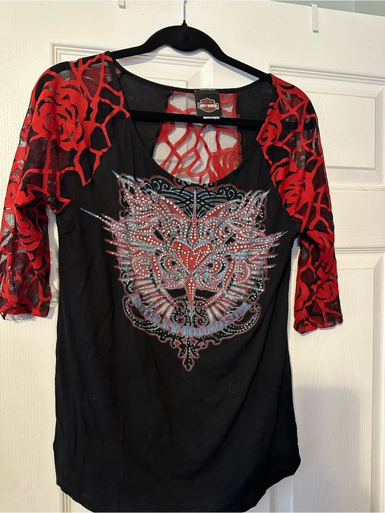 Harley-Davidson Tops - Harley-Davidson Womens Black & Red Rhinestone Graphic Top